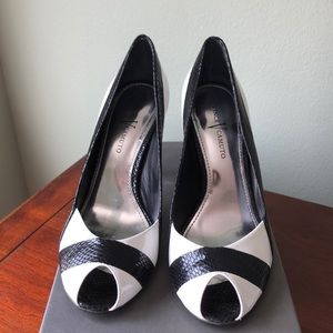 Black and white geometric heels